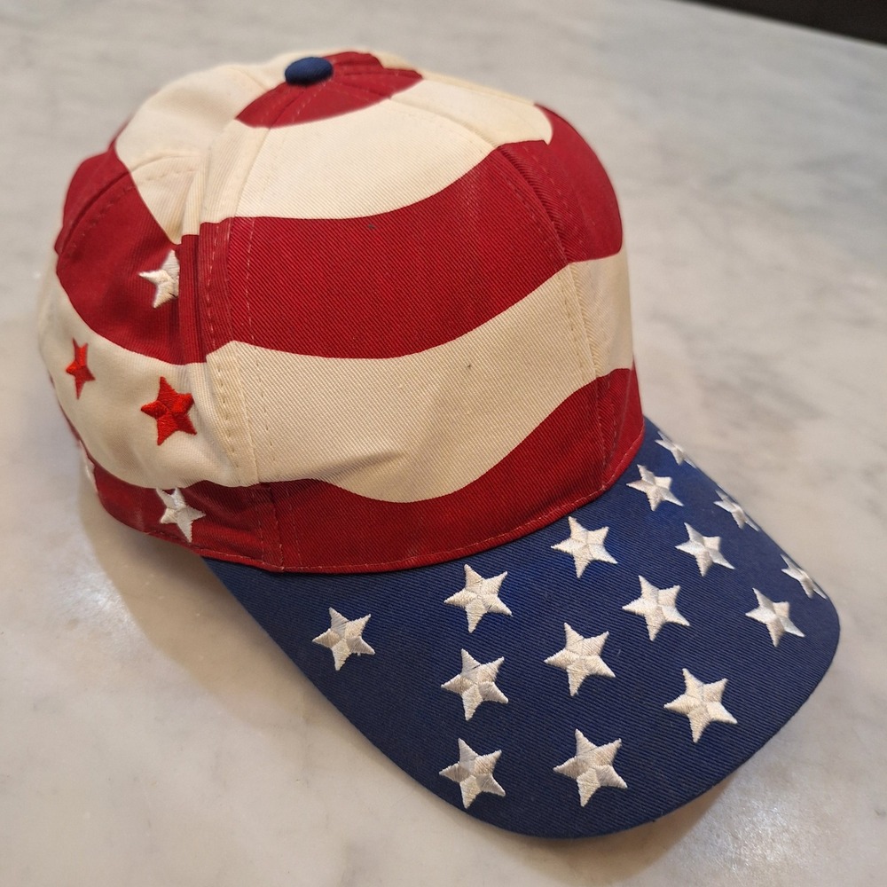 Vintage Nissin Cap Baseball Hat Mens OS Red White Blue USA Flag Stars Patriotic